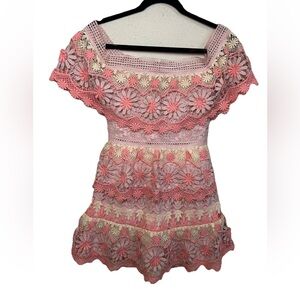Self-Portrait Pink Floral Lace Off Shoulder Mini Dress Guipure Cocktail XS/S